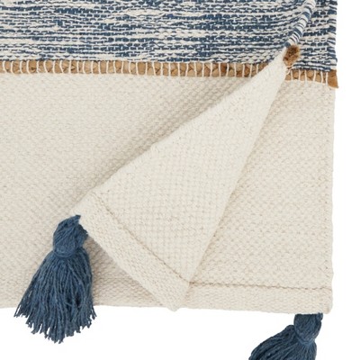 Navy Blue and White Striped Cotton Table Runner with Tassels