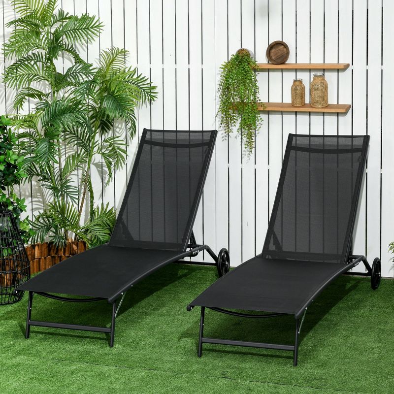 Outsunny Patio Chaise Lounge Chair Set of 2, 2 Piece Outdoor Recliner with Wheels, 5 Level Adjustable Backrest for Garden, Deck & Poolside, 4 of 8