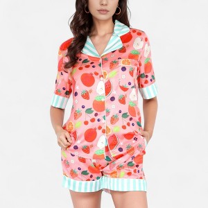 Anna-Kaci Lounge Women's Colorful Fruit Print Pajama Set with Short Sleeve Button-Up Top and Striped Trim Shorts - 1 of 4