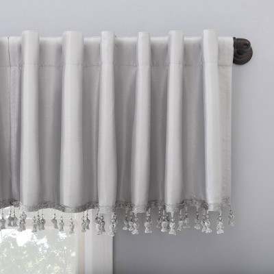 Chrome Gray Faux Silk Blackout Valance with Beaded Tassels