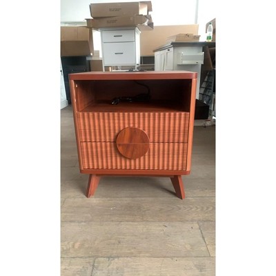 Fluted Night Stand Set of 1 or 2. Tall Wood version with charging USB ports and outlets, 2 drawers, open shelf and feet. For bedroom and living room