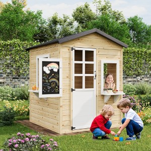 Wooden Kids Playhouse Cottage with Chalkboard, Outdoor Indoor Cottage Toddler Playhouse with Windows, Flowerpot Holders and Working Door - 1 of 4