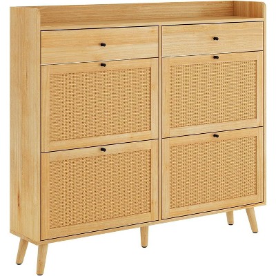 Shoe Cabinet Storage with 4 Flip Drawers, Rattan Narrow Shoe Rack Cabinet Storage for Entryway Hallway Living Room Closet, Nature Oak