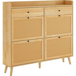 Shoe Cabinet Storage with 4 Flip Drawers, Rattan Narrow Shoe Rack Cabinet Storage for Entryway Hallway Living Room Closet, Nature Oak - 1 of 4