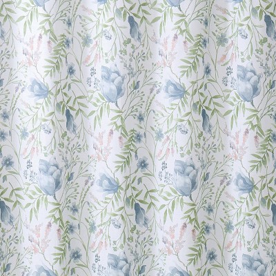 Cottage Floral Blue and Green Cotton Shower Curtain