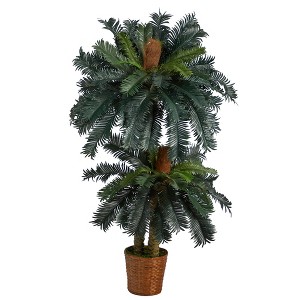 Nearly Natural 5-ft and 3-ft Double Sago Palm Artificial Tree with Basket - 1 of 4