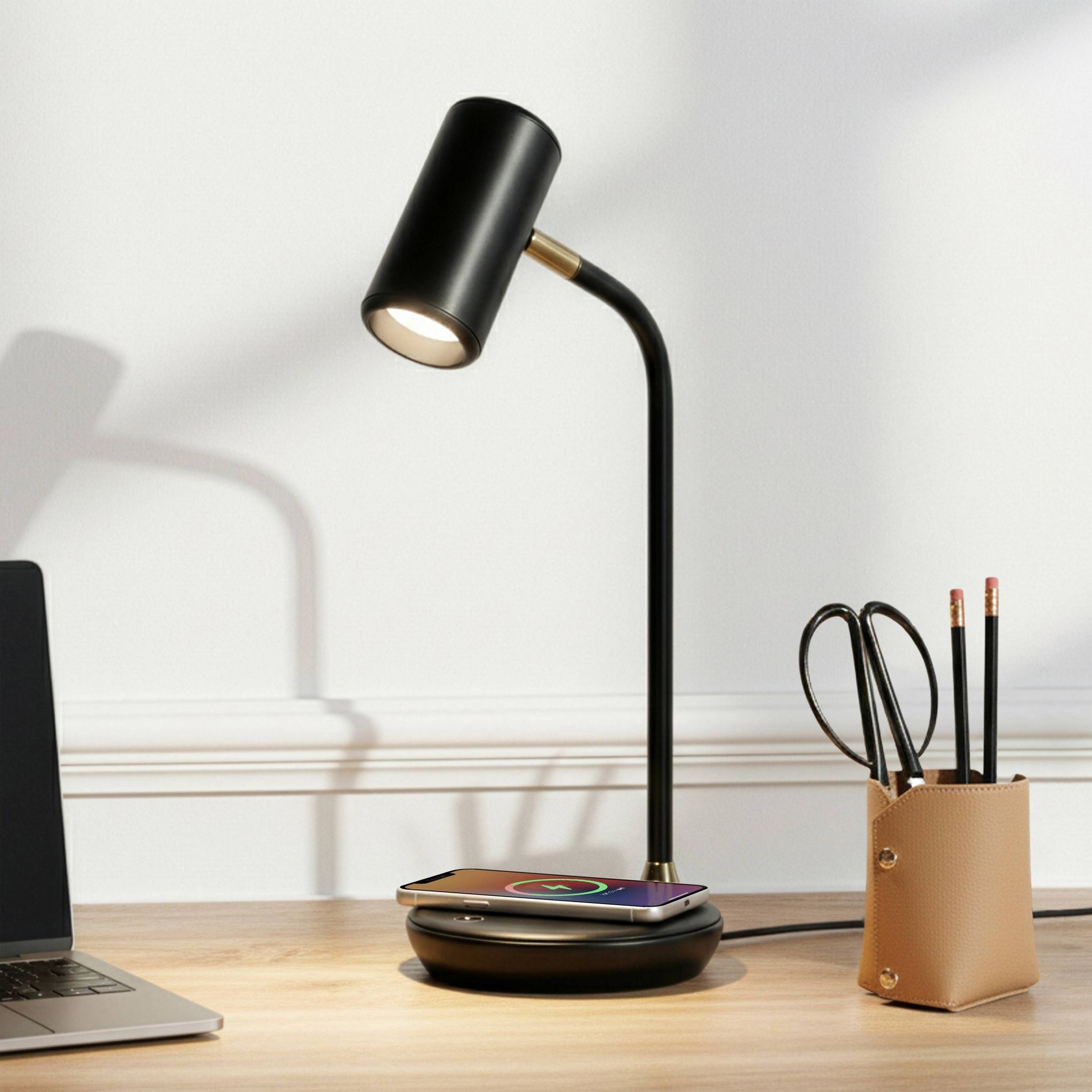 Brightech Ezra Modern Dimmable (Includes LED Light Bulb) Wireless Charging Arc Desk Table Lamp Matte Black