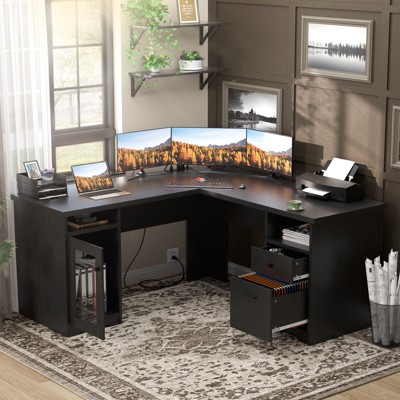 Besiost L Shaped Desk with Charging Station, Corner Computer Desk with File Cabinet
