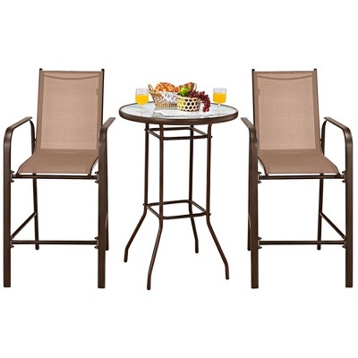 Brown Steel and Fabric Outdoor Patio Bar Set with Tempered Glass Table