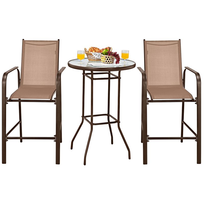 Tangkula 3PCS Patio Bar Set Outdoor Bistro Set w/ 2 Stools & 1 Tempered Glass Table Brown, 2 of 7
