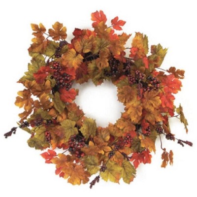 Melrose 24" Unlit Orange/Green Maple Leaf with Berries Artificial Wreath