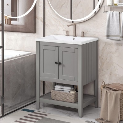 Whisen Modern Birch Wood Bathroom Vanity with White Ceramic Sink and Open Shelf