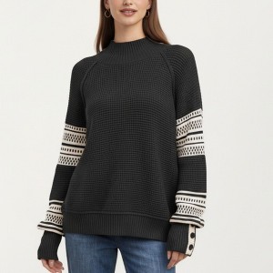 Anna-Kaci Women’s Patterned Knit Pullover Top with Textured Waffle Stitch Body, Contrast Ribbed Mock Neck - 1 of 4