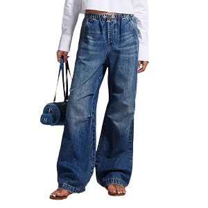 Clearlove Wide Leg Jeans for Women Mid Waist Baggy Stitch Decor Denim Washed Pants - 1 of 4