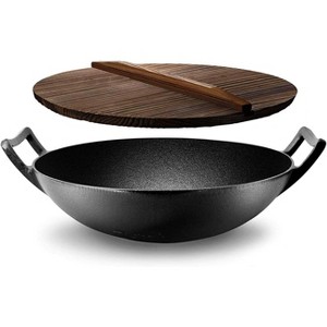 NutriChef 5.8-Quart Pre-Seasoned Cast Iron Wok with Wooden Lid NCCIWOK60 - Black - 1 of 4