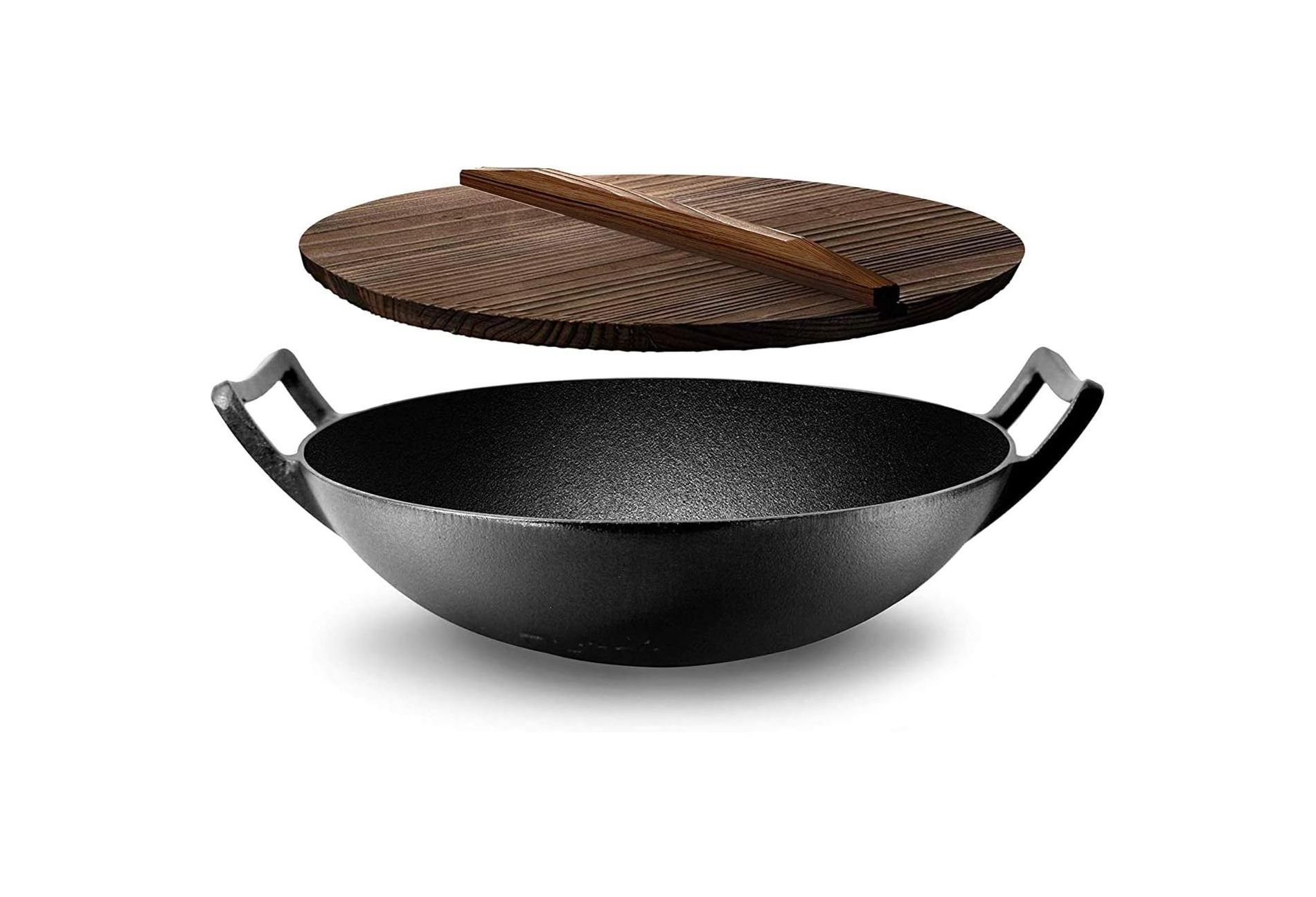 NutriChef 5.8-Quart Pre-Seasoned Cast Iron Wok with Wooden Lid NCCIWOK60 - Black