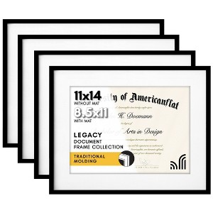 Americanflat 11x14 Diploma Frame with Shatter-Resistant Glass - Set of 4 - Use as 8.5x11 Frame with Mat or 11x14 Frame Without Mat - Black - 1 of 4