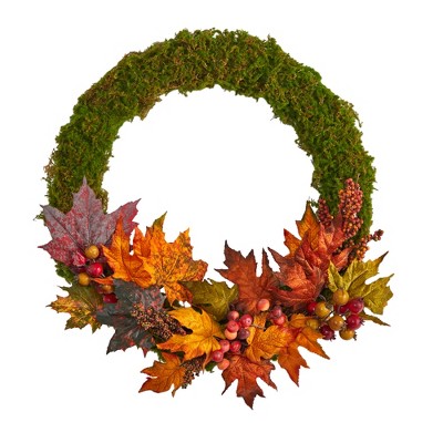 Nearly Natural 20-in Fall Maple Leaf and Berries Artificial Autumn Wreath