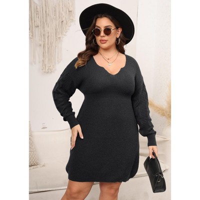 Women Plus Size Sweater Dress V-Neck Long Sleeve Knit Dress Ribbed Elegant Sweater Dress