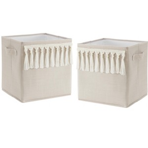 Sweet Jojo Designs Boy or Girl Gender Neutral Unisex Set of 2 Kids' Decorative Fabric Storage Bins Bohemian Fringe Taupe - 1 of 4