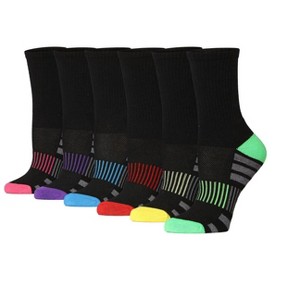 Tipi Toe Women's 6 Pack Black/Bright Toe Color Patterned Athletic Hiking Arch Support Crew Socks - 1 of 4