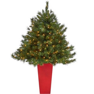 Nearly Natural 4.5-ft Wyoming Mixed Pine Artificial Christmas Tree with 250 Clear Lights and 462 Bendable Branches in Tower Planter, Green/Red - 1 of 4