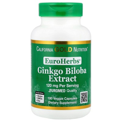 Ginkgo Biloba Extract, EuroHerbs, Supports Cognitive Health, Standardized to 22% Flavone Glycosides, 5% Terpene Lactones, 120 mg, 180 Veggie Capsules