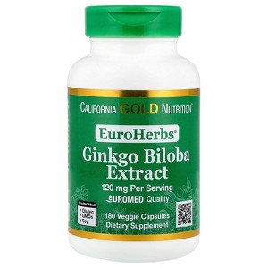 Ginkgo Biloba Extract, EuroHerbs, Supports Cognitive Health, Standardized to 22% Flavone Glycosides, 5% Terpene Lactones, 120 mg, 180 Veggie Capsules - 1 of 4