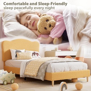 Upholstered Twin Size Bed Frame for Kids with Scallop Headboard, Cute Velvet Twin Bed for Girls, Boys, Sturdy Platform Bed, No Box Spring Needed - 1 of 4