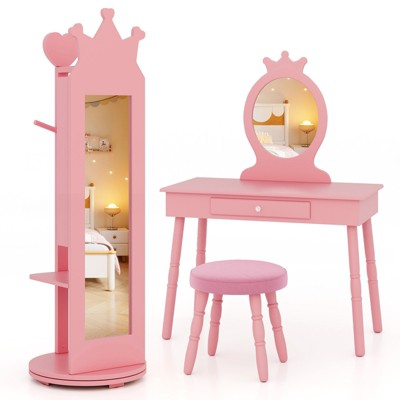 Infans Kids Vanity Set Princess Makeup Dressing Table and Chair Set w/ Coat Rack