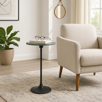 Elegant End Table, Side Table, or Small Night Stand for Room Decor - Slim Metal Drink Table with Marble Top and Trumpet Base