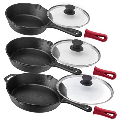 Versatile Black Cast Iron Skillet Set with Red Silicone Handles
