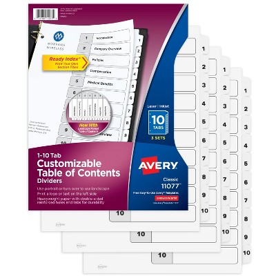 Avery Dividers for 3 Ring Binders, 10 Tabs per Set, Customizable Table of Contents, Classic White Tabs (3 Sets of 11077)