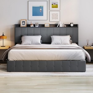 Upholstered Velvet Full Bed Frame w/ Lift-Up Storage & Lights - Storage Headboard, Charging Station, Wood Slat Support, No Box Spring - 1 of 4