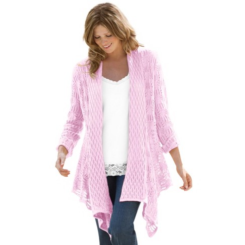 Woman Within Women s Plus Size Open Front Pointelle Cardigan L Pink