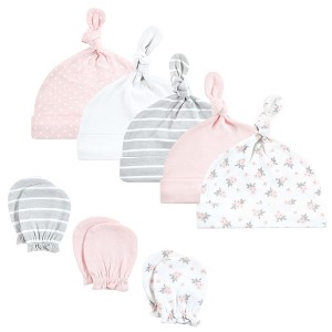 Hudson Baby Infant Girls Cotton Cap and Scratch Mitten Set, Pink Gray Floral, 0-6 Months - 1 of 4