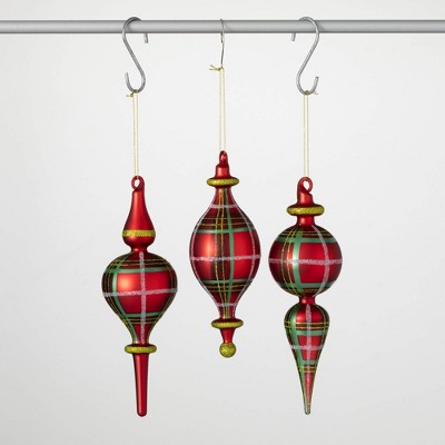 7.75"H  9"H & 9"H Sullivans Christmas Plaid Finial Ornament Set of 3  Red-Green