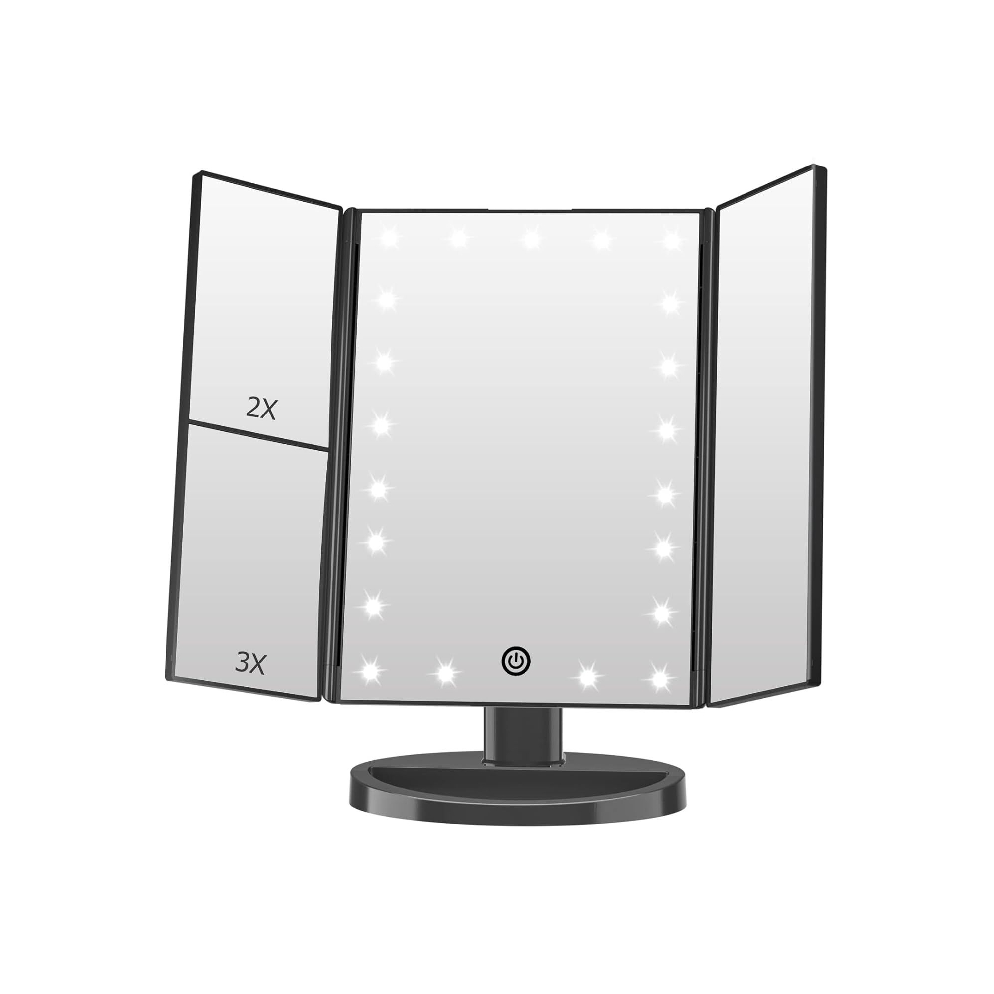 FASCINATE Lighted Makeup Mirror, 21 LED Lights, 3x/2x/1x Magnifying Trifold LED Vanity Mirror, Touch Control Dimmable Brightness,180°Rotation,Black