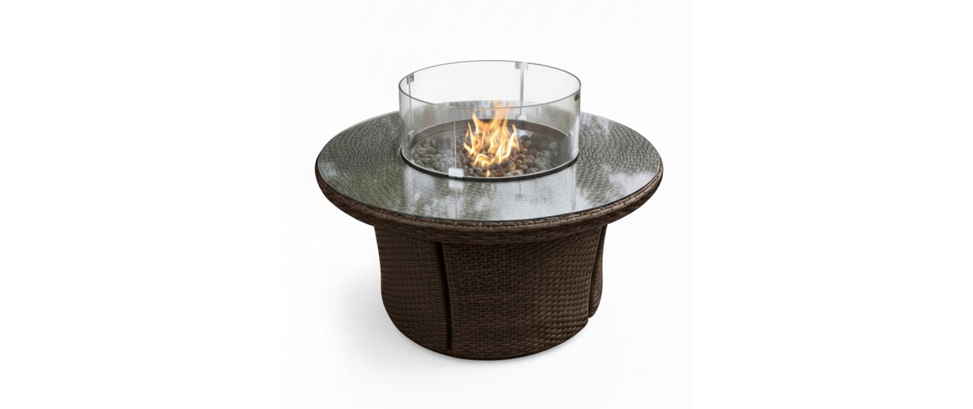 Covers & All 42 in Round Propane Fire Table, Java Wicker w / Windscreen & Fire Glass