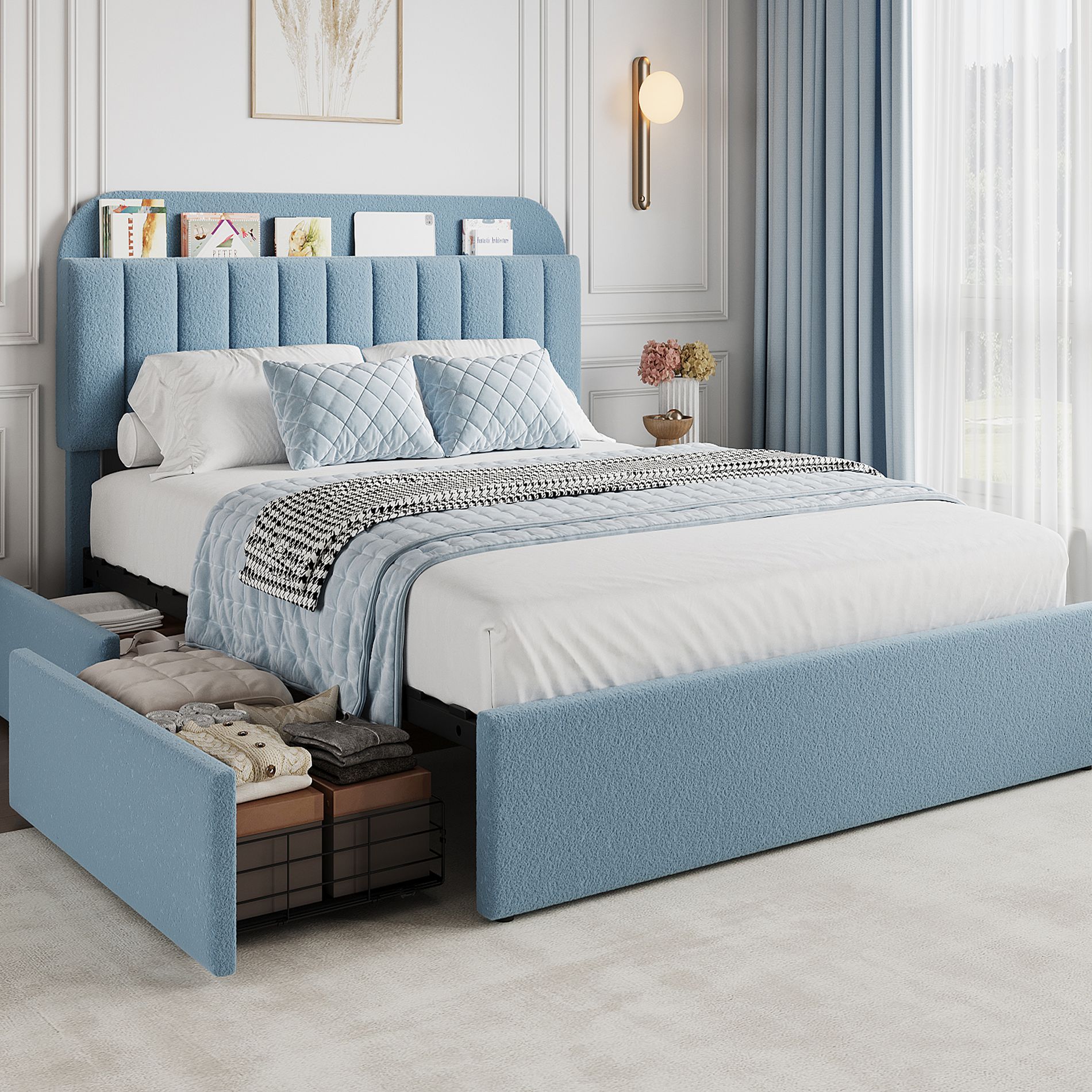 Full Bed Frame with Bookcase Headboard, Kids Bed Frame with 2 Drawers, Boucle Upholstered Platform Bed, No Box Spring Needed, Easy Assembly, Blue