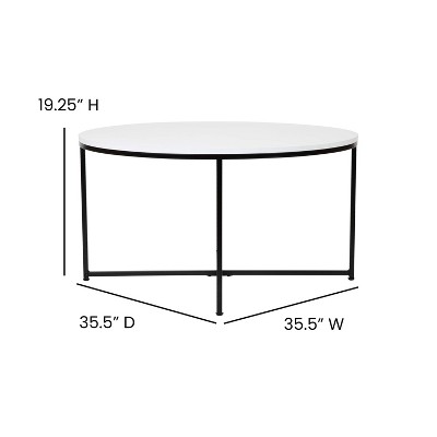 35.5" Round White Wood & Matte Black Metal Coffee Table