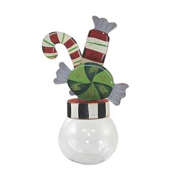 Round Top Collection 10.25 In Candy Bubble Jar Glass Cane Stripes Christmas Decorative Jars