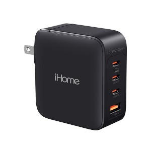 iHome 140W GaN Charger, 3 USB-C Power Delivery Ports & 1 USB-A, 4-Port Compact Wall Charger for Laptop, Black - 1 of 4