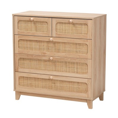 Elsbeth Oak Brown Wood and Natural Rattan 5-Drawer Storage Cabinet