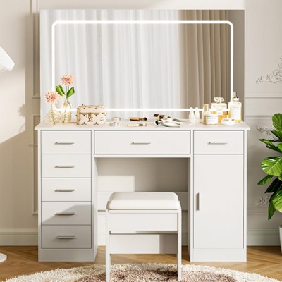Vanity Desk with Power Outlet, Makeup Vanity with Large Mirror and LED Lights