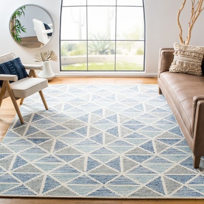 Blue and Ivory Handmade Wool Abstract 9' x 12' Rug