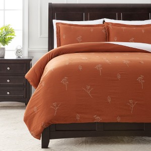 Chanasya Floral Leaf Embroidered Textured Washed Microfiber Duvet Cover Set - 1 of 4