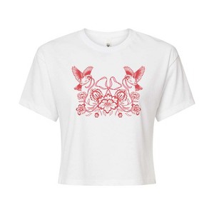 Women's - Instant Message - Bird Bow Flower Cropped Graphic T-Shirt - 1 of 4