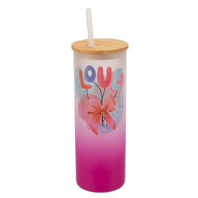 Elanze Designs 25 Ounce Frosted Glass Gradient Travel Tumbler With Straw and Wooden Lid, Love Balloons Pink
