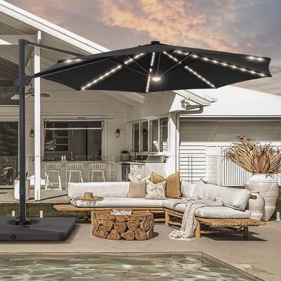Sonkuki 11FT Round Offset Outdoor Solar LED Patio Aluminum Cantilever Umbrella w/ Base Included & Infinite Canopy Angle Adjustment